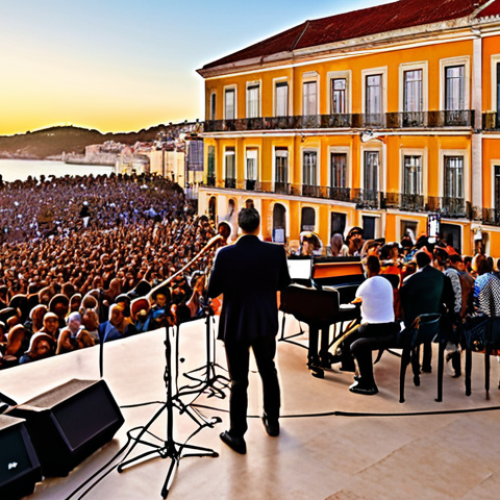 Home 15 **Outdoor Jazz Concert in Lisbon:** A vibrant, open-air jazz concert in Lisbon, Portugal, at sunset. Capture the lively atmosphere with musicians on stage and an engaged audience enjoying the music and the beautiful city backdrop.