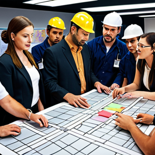 Home 14 **A vibrant and bustling scene of a cultural project being executed, showcasing diverse team members collaborating, with a focus on effective communication and problem-solving to meet deadlines, reflecting a successful project execution.**