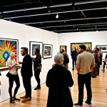 **Prompt:** Dynamic art gallery opening, diverse crowd mingling, contemporary art pieces displayed, vibrant atmosphere, focus on communication and connection.