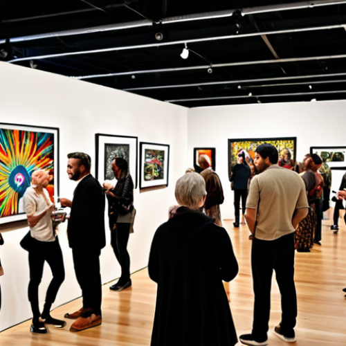 Home 7 **Prompt:** Dynamic art gallery opening, diverse crowd mingling, contemporary art pieces displayed, vibrant atmosphere, focus on communication and connection.