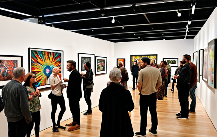 **Prompt:** Dynamic art gallery opening, diverse crowd mingling, contemporary art pieces displayed, vibrant atmosphere, focus on communication and connection.