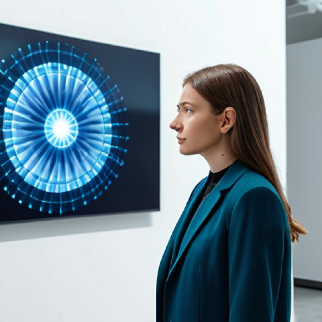 A professional cultural manager in modest business attire, standing within a modern, minimalist art gallery. She is observing a dynamic, translucent digital display showcasing abstract, flowing digital art that suggests a metaverse experience. The environment is illuminated with soft, futuristic lighting, emphasizing innovation and technology in art. The manager has a thoughtful, engaged expression. Safe for work, appropriate content, fully clothed, professional dress, perfect anatomy, correct proportions, natural pose, well-formed hands, proper finger count, natural body proportions, high-quality, professional photography.