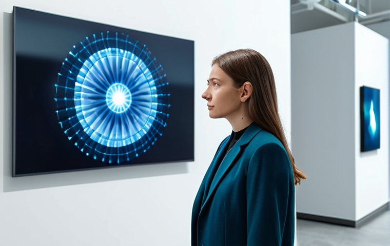 A professional cultural manager in modest business attire, standing within a modern, minimalist art gallery. She is observing a dynamic, translucent digital display showcasing abstract, flowing digital art that suggests a metaverse experience. The environment is illuminated with soft, futuristic lighting, emphasizing innovation and technology in art. The manager has a thoughtful, engaged expression. Safe for work, appropriate content, fully clothed, professional dress, perfect anatomy, correct proportions, natural pose, well-formed hands, proper finger count, natural body proportions, high-quality, professional photography.