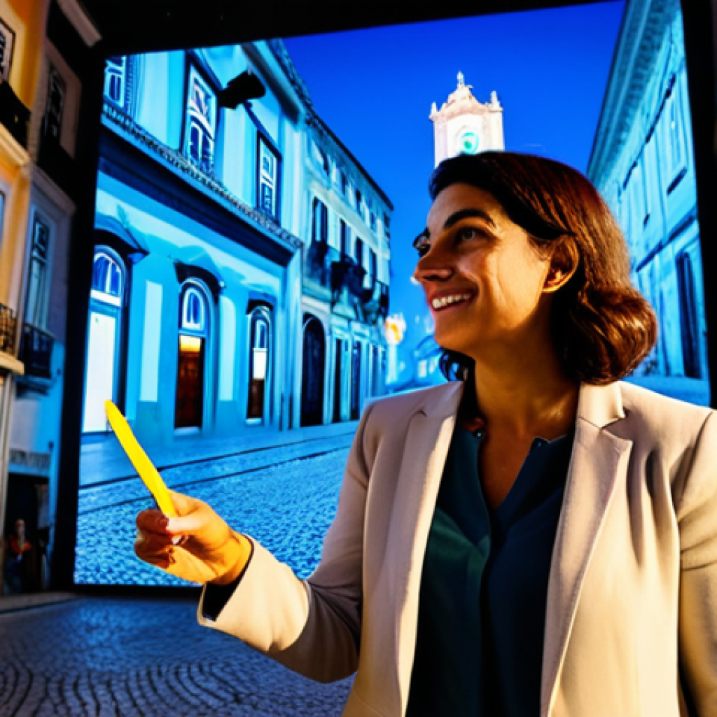 A professional cultural planner, a Portuguese woman with an engaging expression, fully clothed in a modest business casual outfit, interacts with an immersive art installation. The setting is a historic Lisbon street at dusk, where vibrant, dynamic digital projections transform ancient building facades into a storytelling canvas. Subtle elements of augmented reality, like glowing interactive light pathways, enhance the experience. The scene conveys a sense of innovation and co-creation, appropriate content, safe for work, perfect anatomy, correct proportions, natural pose, well-formed hands, proper finger count, professional photography, high quality.