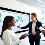 A diverse team of professional cultural project managers, engaged in a collaborative discussion in a modern, brightly lit office. They are gathered around a large interactive digital screen displaying a complex project timeline and conceptual art elements. One manager points to a holographic projection of a sustainable cultural event. Another reviews a tablet, while a third makes notes on a whiteboard. They wear modest business casual attire. The atmosphere is innovative and forward-thinking. Perfect anatomy, correct proportions, natural pose, well-formed hands, proper finger count, natural body proportions. Safe for work, appropriate content, fully clothed, professional, family-friendly, high-resolution, detailed, professional photography, cinematic lighting, vibrant colors.