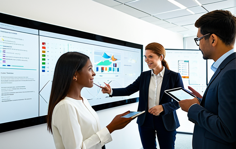 A diverse team of professional cultural project managers, engaged in a collaborative discussion in a modern, brightly lit office. They are gathered around a large interactive digital screen displaying a complex project timeline and conceptual art elements. One manager points to a holographic projection of a sustainable cultural event. Another reviews a tablet, while a third makes notes on a whiteboard. They wear modest business casual attire. The atmosphere is innovative and forward-thinking. Perfect anatomy, correct proportions, natural pose, well-formed hands, proper finger count, natural body proportions. Safe for work, appropriate content, fully clothed, professional, family-friendly, high-resolution, detailed, professional photography, cinematic lighting, vibrant colors.
