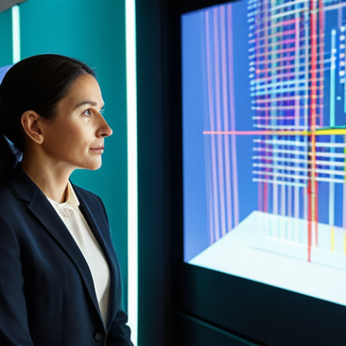 Home 28 A professional cultural planner, a woman in her late 30s, stands in a brightly lit, modern museum hall, looking at an interactive holographic display showcasing projected audience engagement data for an art exhibition. She wears a modest, elegant business suit. Her expression is thoughtful and intelligent, reflecting an understanding of emerging technologies in the cultural sector. The background features subtle, abstract digital art installations. Perfect anatomy, correct proportions, natural pose, well-formed hands, proper finger count, natural body proportions, professional photography, high quality, safe for work, appropriate content, fully clothed, professional dress, family-friendly.