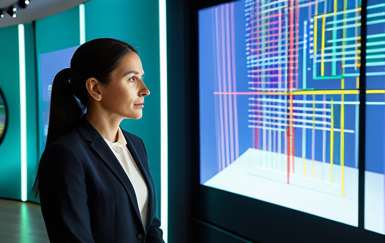 A professional cultural planner, a woman in her late 30s, stands in a brightly lit, modern museum hall, looking at an interactive holographic display showcasing projected audience engagement data for an art exhibition. She wears a modest, elegant business suit. Her expression is thoughtful and intelligent, reflecting an understanding of emerging technologies in the cultural sector. The background features subtle, abstract digital art installations. Perfect anatomy, correct proportions, natural pose, well-formed hands, proper finger count, natural body proportions, professional photography, high quality, safe for work, appropriate content, fully clothed, professional dress, family-friendly.
