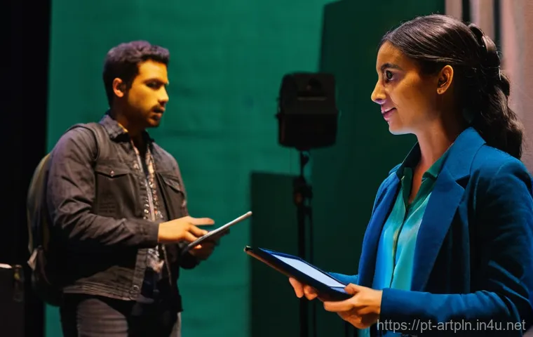 미술문화기획사 직무의 강점과 약점 비교 - **Prompt:** "A wide, dynamic shot of a bustling backstage area just minutes before a grand cultural ...