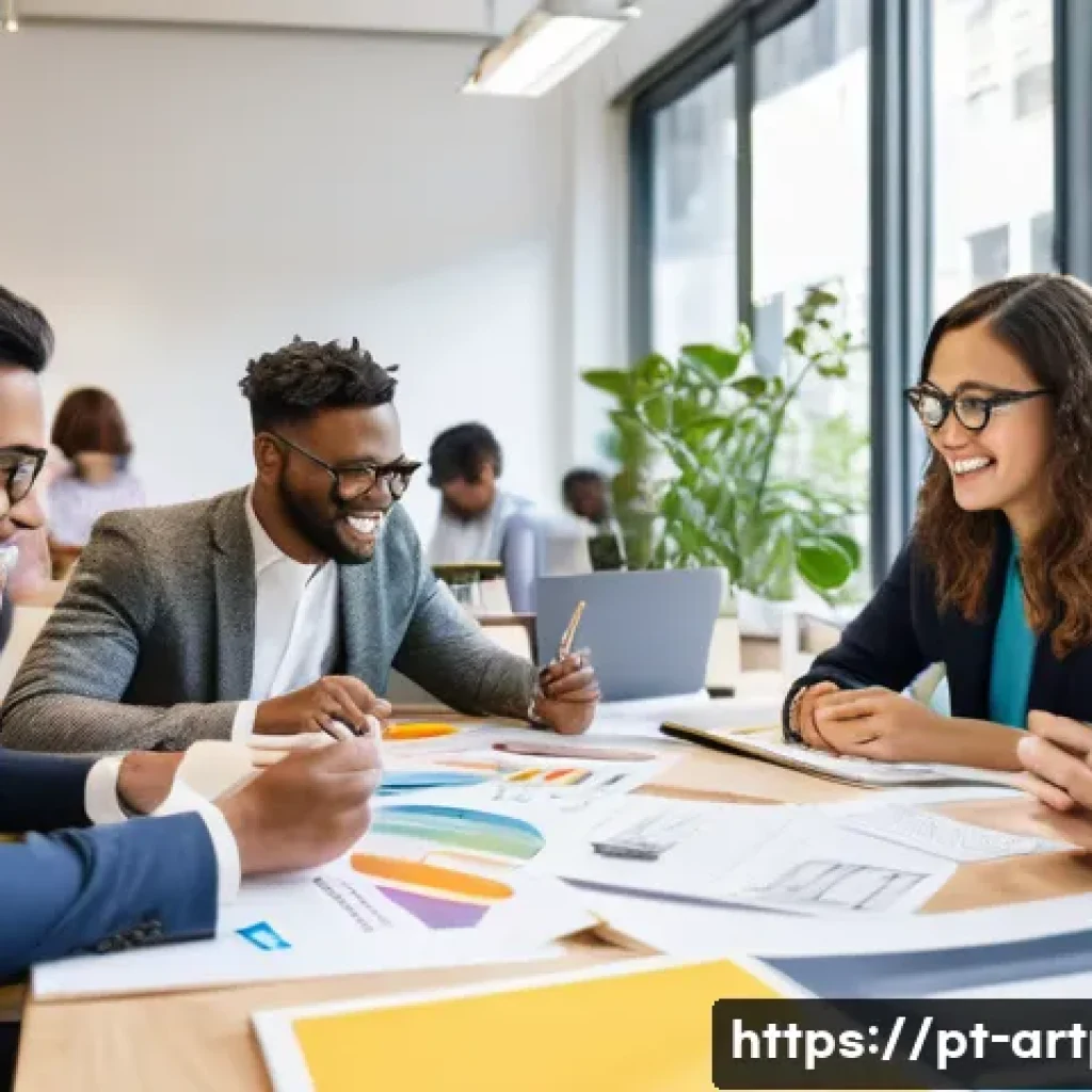 미술문화기획사의 직무 기술서 작성 가이드 - **Prompt:** A vibrant, open-plan cultural planning agency office. Diverse team members, including me...