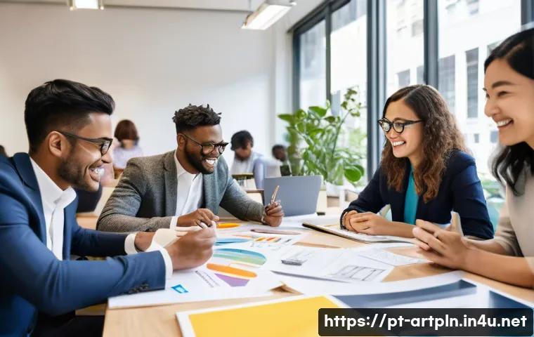 미술문화기획사의 직무 기술서 작성 가이드 - **Prompt:** A vibrant, open-plan cultural planning agency office. Diverse team members, including me...