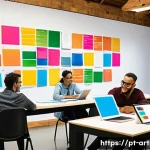 미술문화기획사 실무를 위한 멘토링 프로그램 - A vibrant cultural planning workshop scene set in a modern Brazilian community center, showing a div...