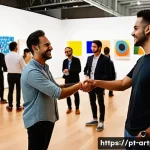 미술문화기획사의 리더십 발휘 사례 - A vibrant cultural networking event in São Paulo, Brazil, showing diverse artists, sponsors, and aud...