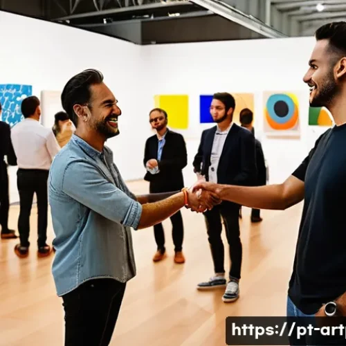 미술문화기획사의 리더십 발휘 사례 - A vibrant cultural networking event in São Paulo, Brazil, showing diverse artists, sponsors, and aud...