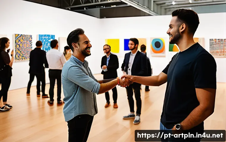 미술문화기획사의 리더십 발휘 사례 - A vibrant cultural networking event in São Paulo, Brazil, showing diverse artists, sponsors, and aud...