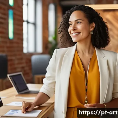 미술문화기획사의 진로 전환 성공 사례 - A confident professional woman in her 30s, dressed in smart casual attire with subtle Brazilian cult...