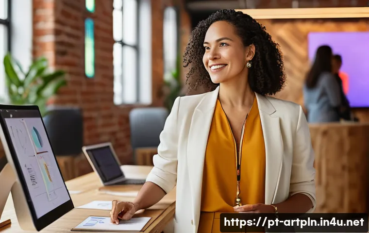 미술문화기획사의 진로 전환 성공 사례 - A confident professional woman in her 30s, dressed in smart casual attire with subtle Brazilian cult...