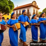 미술문화기획사의 지역 문화 행사 기획 사례 - A vibrant outdoor cultural festival in a historic Brazilian town square during golden hour, showcasi...