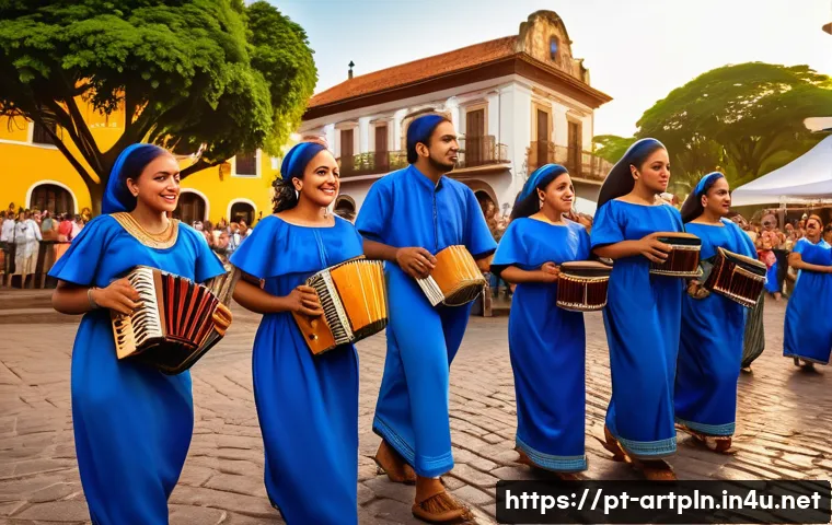 미술문화기획사의 지역 문화 행사 기획 사례 - A vibrant outdoor cultural festival in a historic Brazilian town square during golden hour, showcasi...