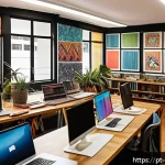 미술문화기획사로서의 창업 아이디어 - A vibrant cultural agency office interior in São Paulo, Brazil, showcasing diverse Brazilian art for...