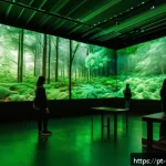 미술문화기획사의 전시회 현장 구성 방법 - A spacious modern art exhibition hall featuring a multisensory nature-themed installation: large hig...