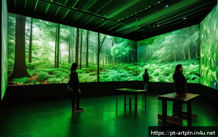 미술문화기획사의 전시회 현장 구성 방법 - A spacious modern art exhibition hall featuring a multisensory nature-themed installation: large hig...