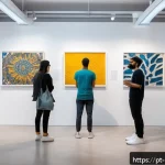 미술문화기획사의 주요 직무 협력 모델 - A vibrant contemporary art gallery scene showcasing a collaborative exhibition between diverse artis...