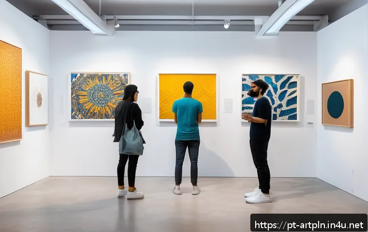 미술문화기획사의 주요 직무 협력 모델 - A vibrant contemporary art gallery scene showcasing a collaborative exhibition between diverse artis...