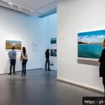 미술문화기획사의 성공적인 프로젝트 관리 사례 - A modern art exhibition space featuring an interactive visual narrative timeline along the walls, wi...