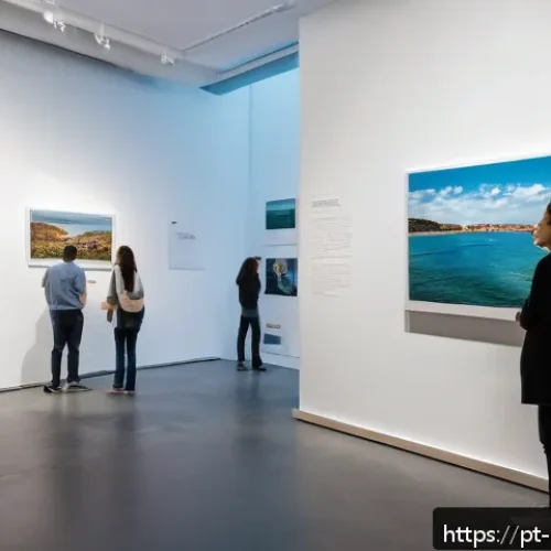 Home 32 미술문화기획사의 성공적인 프로젝트 관리 사례 - A modern art exhibition space featuring an interactive visual narrative timeline along the walls, wi...