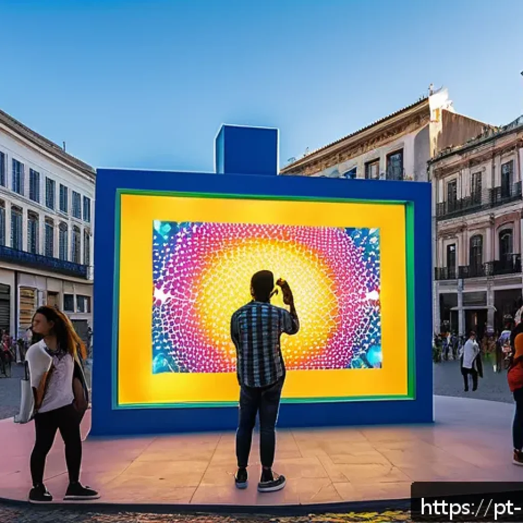 미술문화기획사의 창의적 문제 해결 사례 - A vibrant interactive public art gallery in a bustling urban Brazilian square during sunset, featuri...