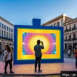 미술문화기획사의 창의적 문제 해결 사례 - A vibrant interactive public art gallery in a bustling urban Brazilian square during sunset, featuri...