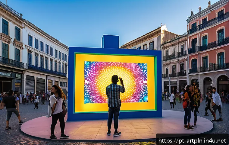 미술문화기획사의 창의적 문제 해결 사례 - A vibrant interactive public art gallery in a bustling urban Brazilian square during sunset, featuri...