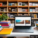 미술문화기획사 전문 블로그 운영 방법 - A vibrant cultural blog workspace scene featuring a modern desk with a sleek laptop displaying an ar...