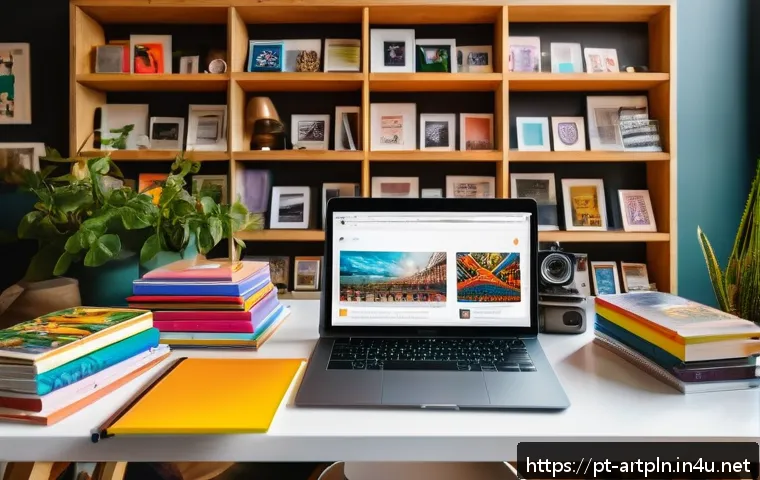 미술문화기획사 전문 블로그 운영 방법 - A vibrant cultural blog workspace scene featuring a modern desk with a sleek laptop displaying an ar...